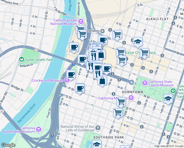 map of restaurants, bars, coffee shops, grocery stores, and more near 400 Capitol Mall in Sacramento