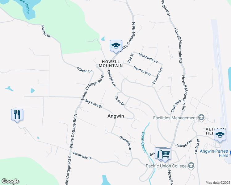 map of restaurants, bars, coffee shops, grocery stores, and more near 401 College Avenue in Angwin
