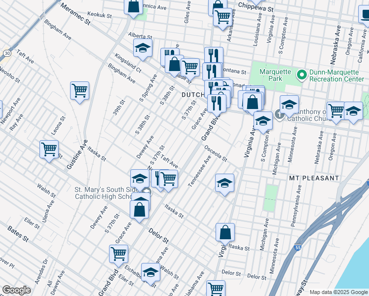 map of restaurants, bars, coffee shops, grocery stores, and more near 4424 Grace Avenue in St. Louis