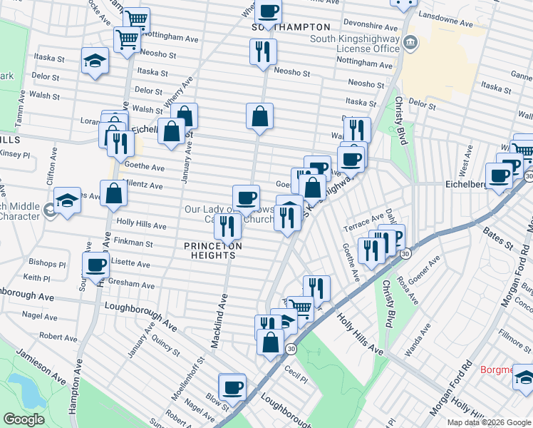 map of restaurants, bars, coffee shops, grocery stores, and more near 5073 Rhodes Avenue in St. Louis