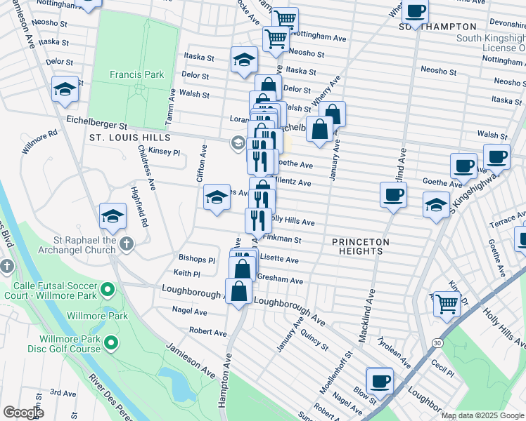 map of restaurants, bars, coffee shops, grocery stores, and more near 5845 Hampton Avenue in St. Louis
