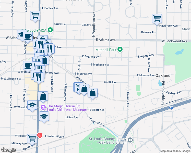 map of restaurants, bars, coffee shops, grocery stores, and more near 301 South Woodlawn Avenue in Kirkwood