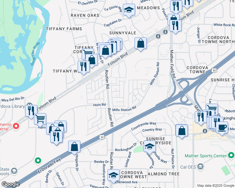 map of restaurants, bars, coffee shops, grocery stores, and more near 68 Shrine Drive in Sacramento