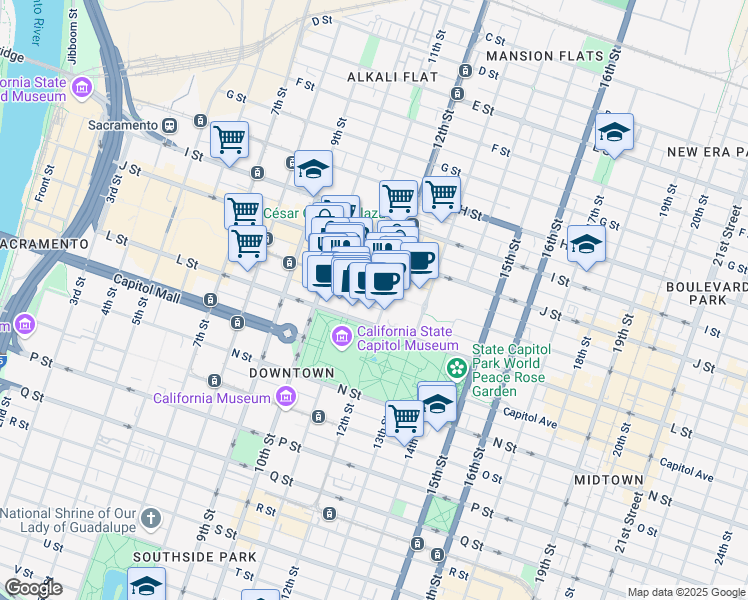 map of restaurants, bars, coffee shops, grocery stores, and more near 1130 K Street in Sacramento