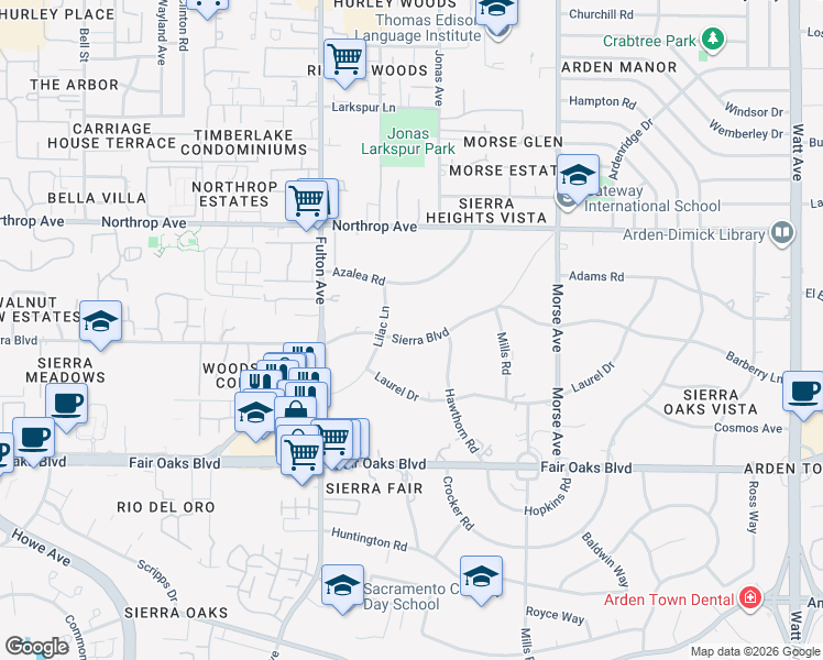 map of restaurants, bars, coffee shops, grocery stores, and more near 2741 Sierra Boulevard in Sacramento