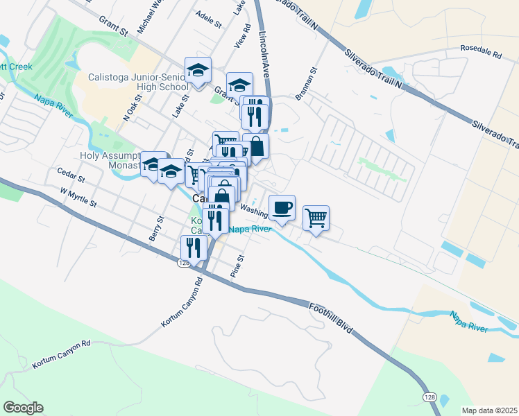map of restaurants, bars, coffee shops, grocery stores, and more near 1404 Franklin Street in Calistoga