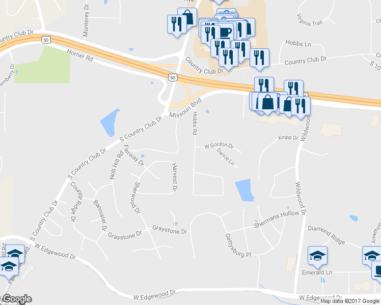 map of restaurants, bars, coffee shops, grocery stores, and more near 630 Hobbs Road in Jefferson City