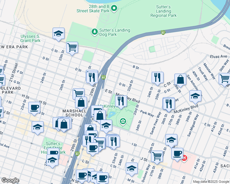 map of restaurants, bars, coffee shops, grocery stores, and more near 3101 McKinley Boulevard in Sacramento