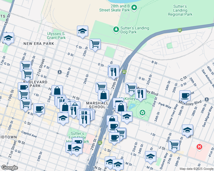 map of restaurants, bars, coffee shops, grocery stores, and more near 521 28th Street in Sacramento