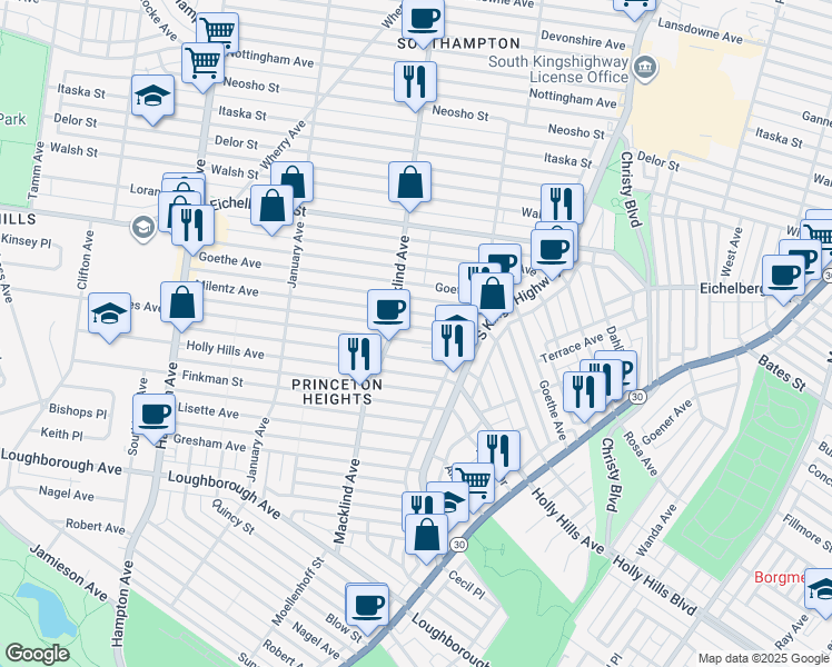 map of restaurants, bars, coffee shops, grocery stores, and more near 5073 Rhodes Avenue in St. Louis