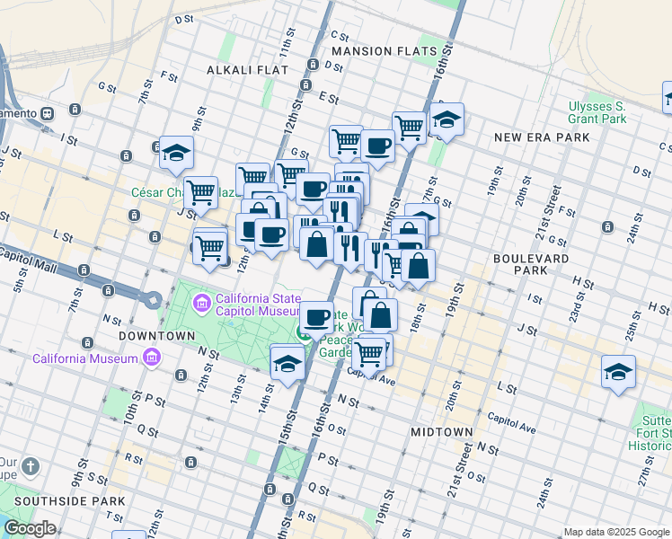 map of restaurants, bars, coffee shops, grocery stores, and more near 1430 J Street in Sacramento