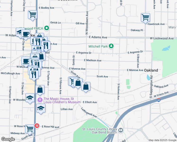 map of restaurants, bars, coffee shops, grocery stores, and more near 301 South Woodlawn Avenue in Kirkwood