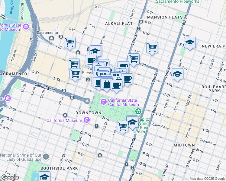 map of restaurants, bars, coffee shops, grocery stores, and more near 1130 K Street in Sacramento