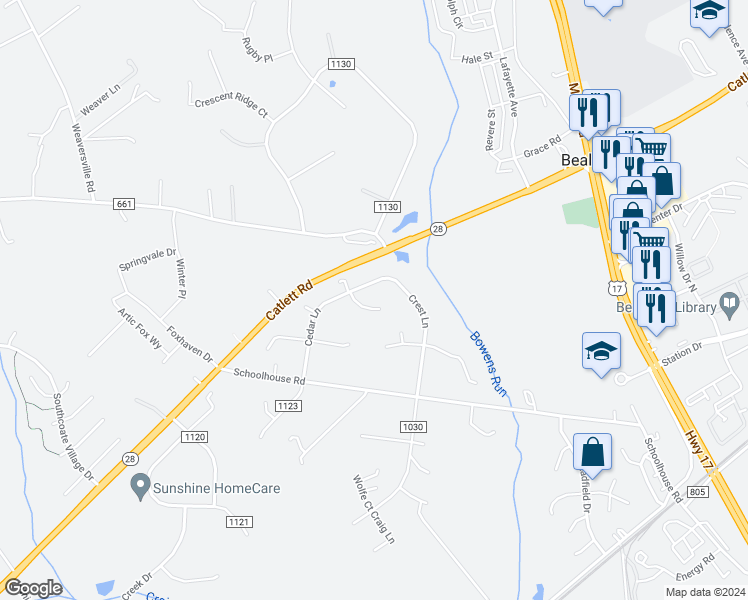 map of restaurants, bars, coffee shops, grocery stores, and more near 6632 Lancia Court in Bealeton