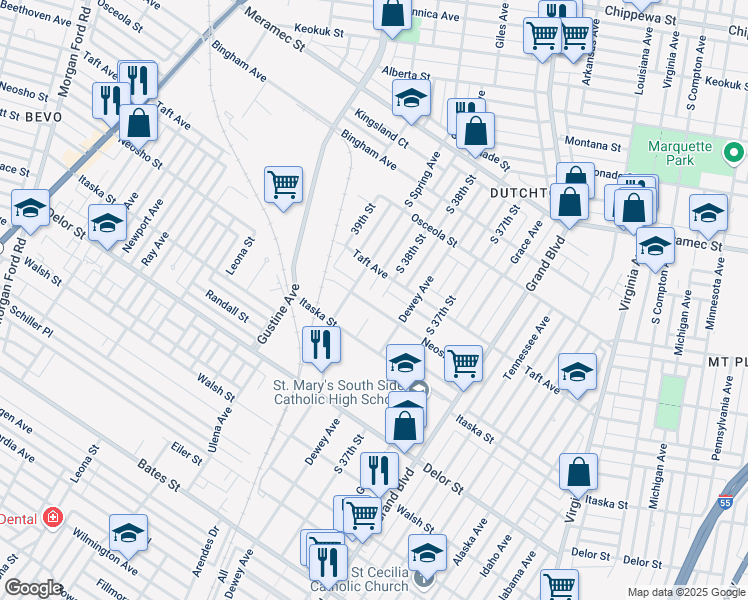 map of restaurants, bars, coffee shops, grocery stores, and more near 4612 South 38th Street in St. Louis