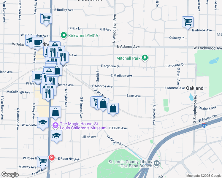 map of restaurants, bars, coffee shops, grocery stores, and more near 301 South Woodlawn Avenue in Kirkwood