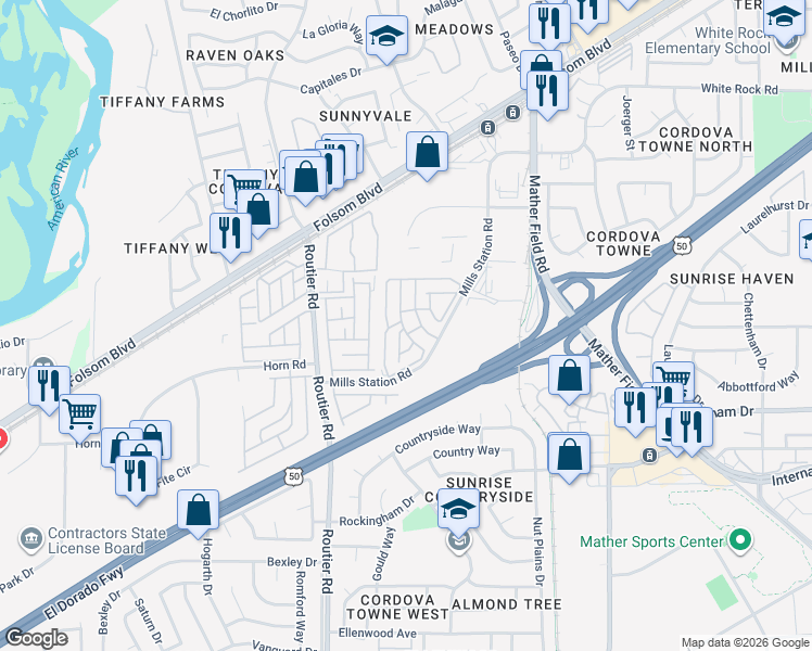 map of restaurants, bars, coffee shops, grocery stores, and more near 10035 Mills Station Road in Sacramento