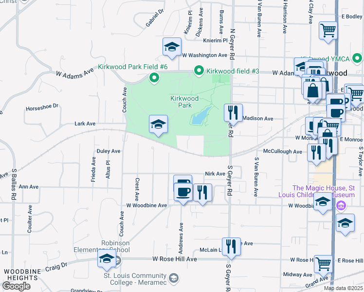 map of restaurants, bars, coffee shops, grocery stores, and more near 596 West Monroe Avenue in Kirkwood