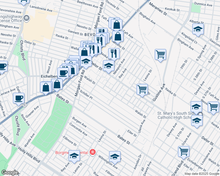 map of restaurants, bars, coffee shops, grocery stores, and more near 5041 Ray Avenue in St. Louis