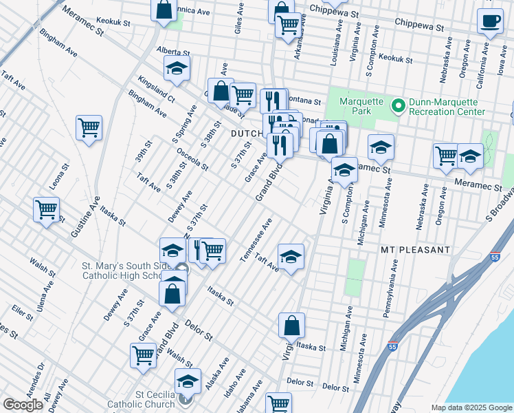 map of restaurants, bars, coffee shops, grocery stores, and more near 4404 South Grand Boulevard in St. Louis
