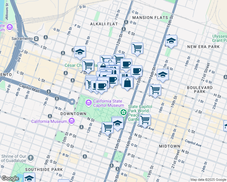 map of restaurants, bars, coffee shops, grocery stores, and more near 1051 13th Street in Sacramento
