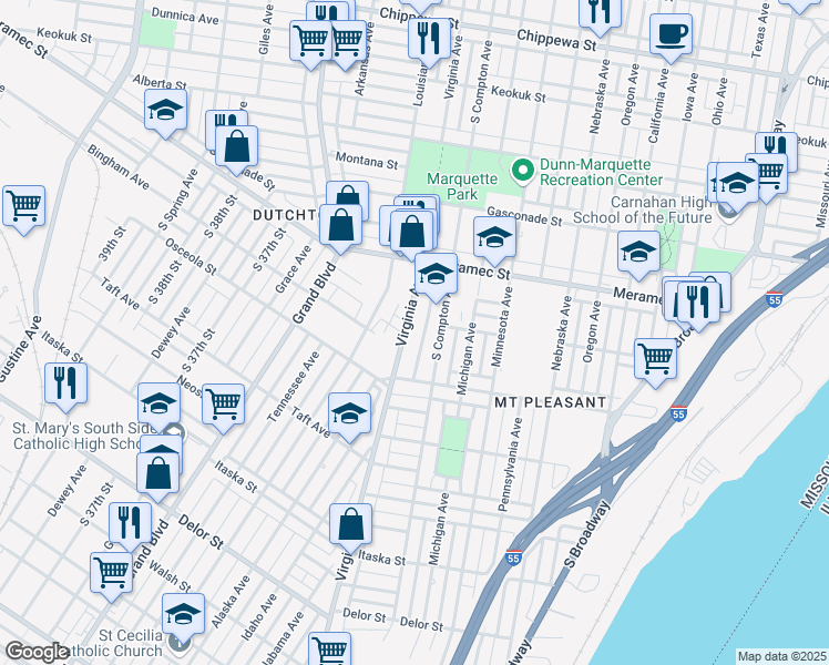 map of restaurants, bars, coffee shops, grocery stores, and more near 4310 Virginia Avenue in St. Louis