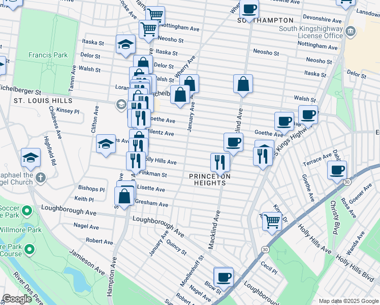 map of restaurants, bars, coffee shops, grocery stores, and more near 5536 Rhodes Avenue in St. Louis