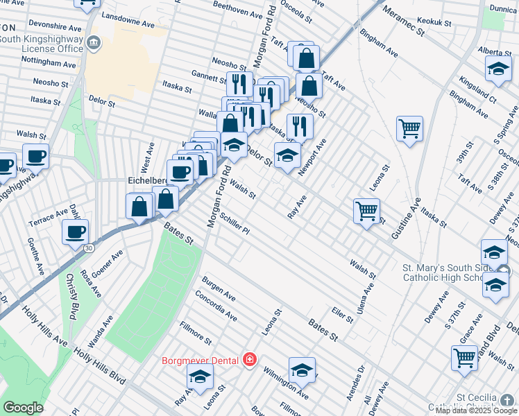 map of restaurants, bars, coffee shops, grocery stores, and more near 4178 Walsh Street in Saint Louis