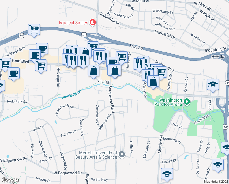 map of restaurants, bars, coffee shops, grocery stores, and more near 807 Southwest Boulevard in Jefferson City