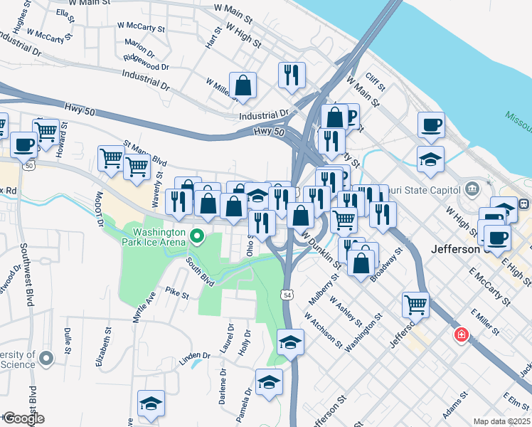 map of restaurants, bars, coffee shops, grocery stores, and more near 622 Delaware Street in Jefferson City