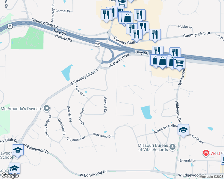 map of restaurants, bars, coffee shops, grocery stores, and more near 630 Hobbs Road in Jefferson City