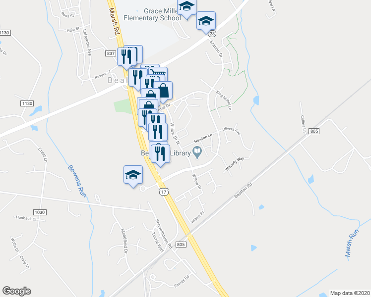 map of restaurants, bars, coffee shops, grocery stores, and more near 6196 Newton Lane in Bealeton
