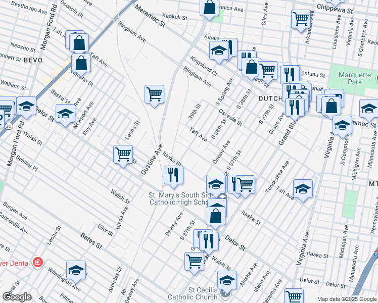 map of restaurants, bars, coffee shops, grocery stores, and more near 3832 Neosho Street in St. Louis