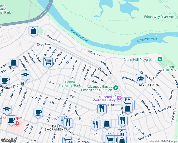 map of restaurants, bars, coffee shops, grocery stores, and more near 73 Coloma Way in Sacramento