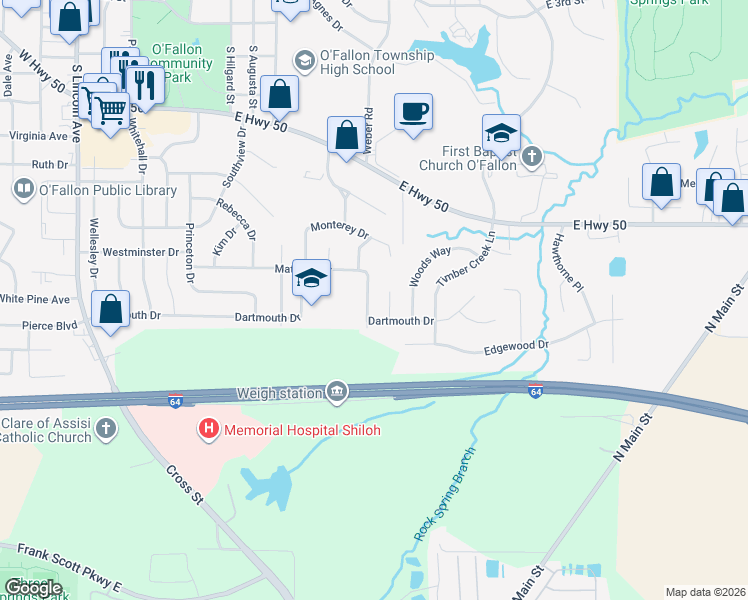 map of restaurants, bars, coffee shops, grocery stores, and more near 1006 Oaktree Court in O'Fallon