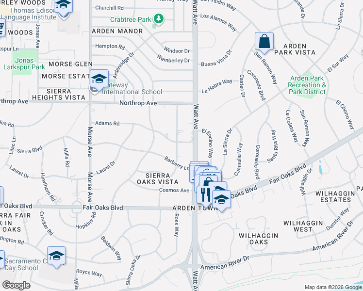 map of restaurants, bars, coffee shops, grocery stores, and more near 3400 Adams Road in Sacramento