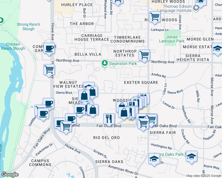 map of restaurants, bars, coffee shops, grocery stores, and more near 658 Woodside Sierra in Sacramento
