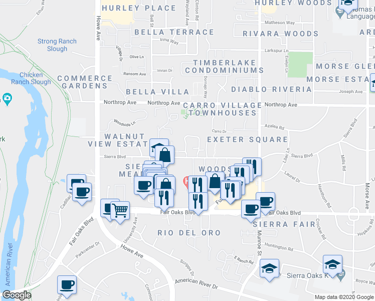 map of restaurants, bars, coffee shops, grocery stores, and more near 658 Woodside Sierra in Sacramento