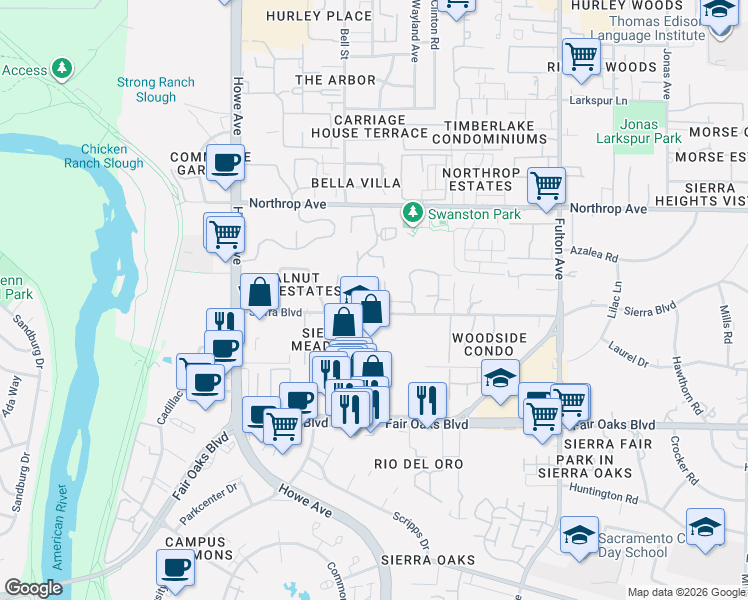 map of restaurants, bars, coffee shops, grocery stores, and more near 713 Woodside Lane East in Sacramento