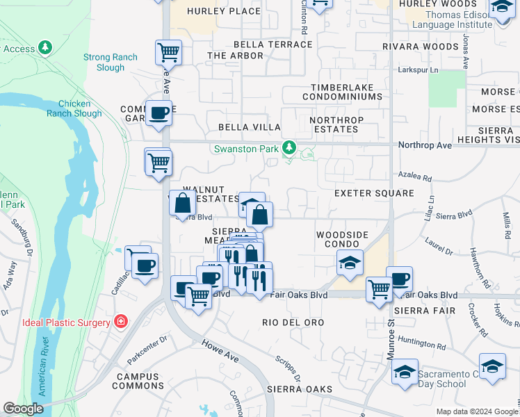 map of restaurants, bars, coffee shops, grocery stores, and more near 713 Woodside Lane East in Sacramento