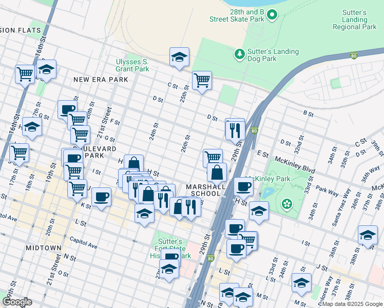 map of restaurants, bars, coffee shops, grocery stores, and more near in Sacramento