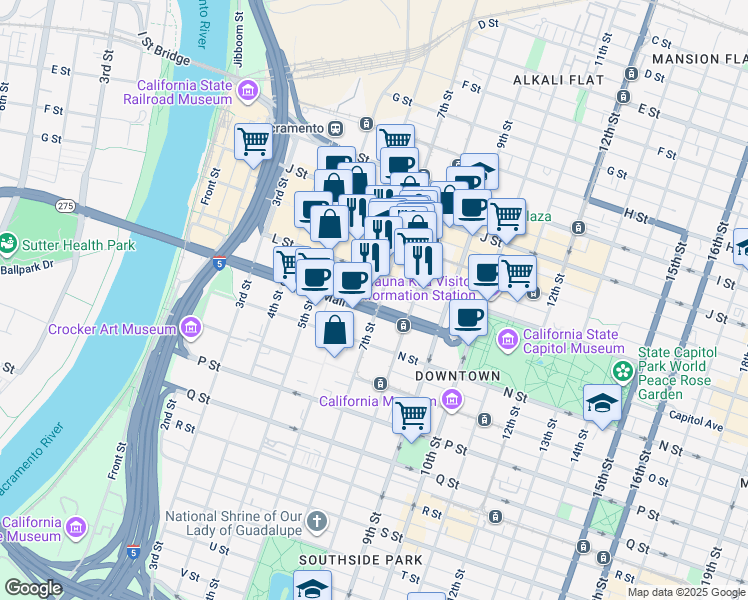map of restaurants, bars, coffee shops, grocery stores, and more near 715 Capitol Mall in Sacramento