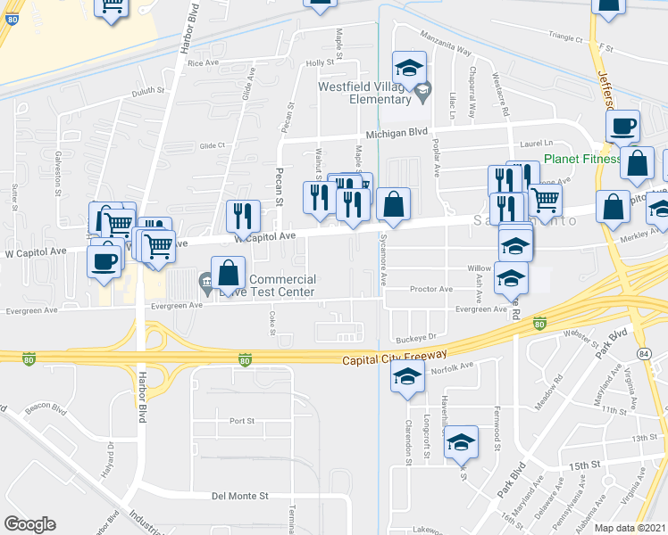 map of restaurants, bars, coffee shops, grocery stores, and more near 2225 West Capitol Avenue in West Sacramento