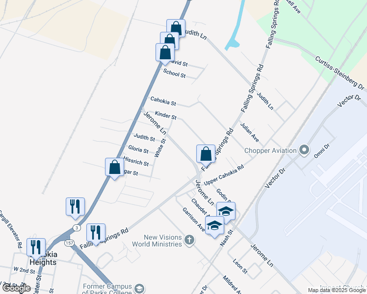 map of restaurants, bars, coffee shops, grocery stores, and more near 124 Kinder Street in Cahokia