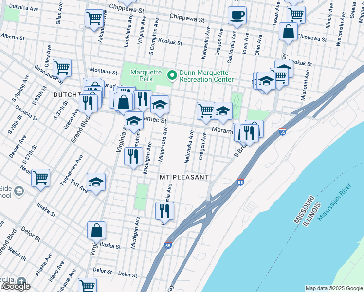 map of restaurants, bars, coffee shops, grocery stores, and more near 4246 Nebraska Avenue in St. Louis