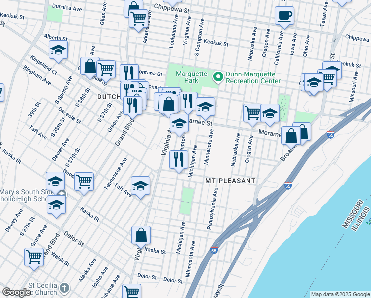map of restaurants, bars, coffee shops, grocery stores, and more near 4300 South Compton Avenue in St. Louis
