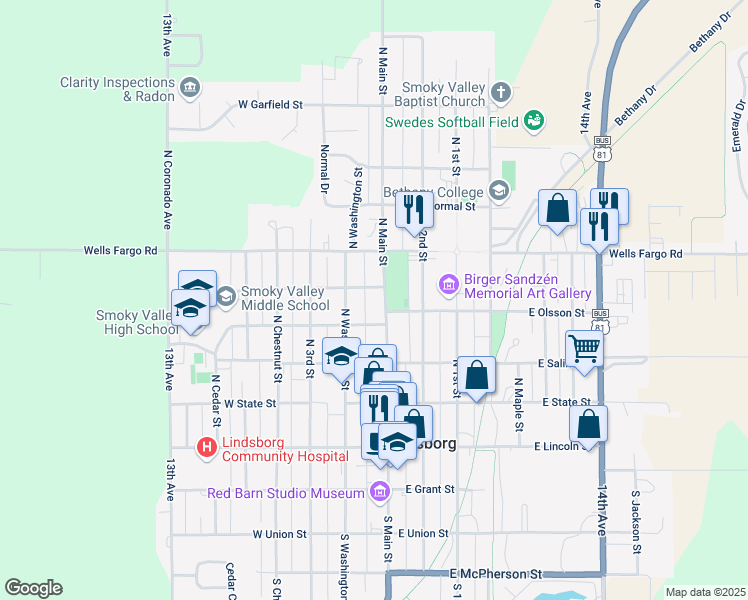 map of restaurants, bars, coffee shops, grocery stores, and more near 105 West Green Street in Lindsborg