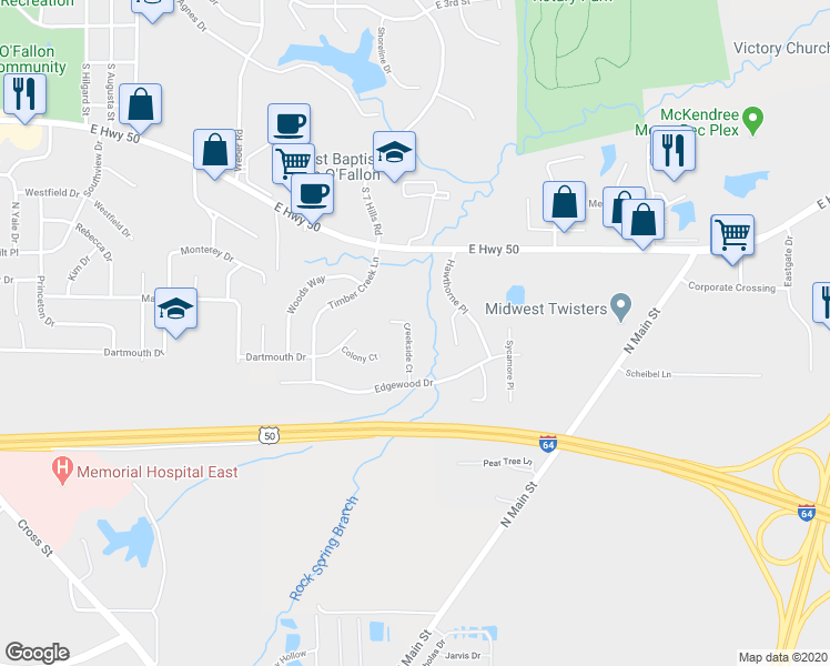map of restaurants, bars, coffee shops, grocery stores, and more near 1125 Creekside Court in O'Fallon