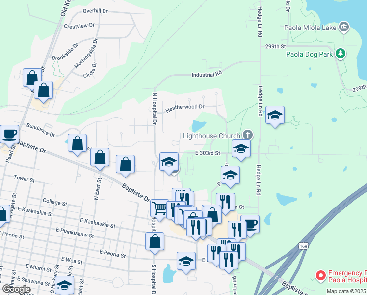 map of restaurants, bars, coffee shops, grocery stores, and more near 1103 Durham Drive in Paola