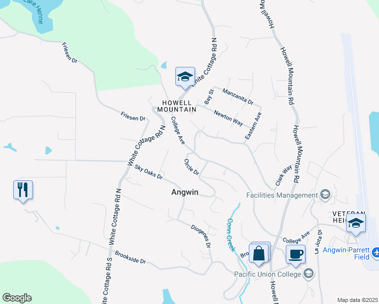 map of restaurants, bars, coffee shops, grocery stores, and more near 401 College Avenue in Angwin